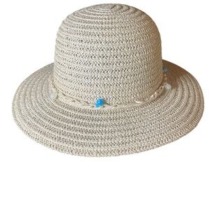 Yumi Beige Straw Sun Hat with Blue and White Bead Trim adjustable New with tag